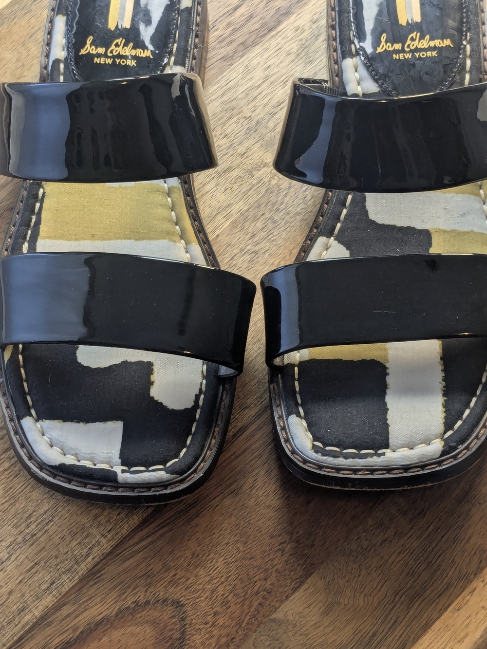 Sam Edelman Haydee Black Patent Double Strap Slide Sandals Mod Print Size 7.5